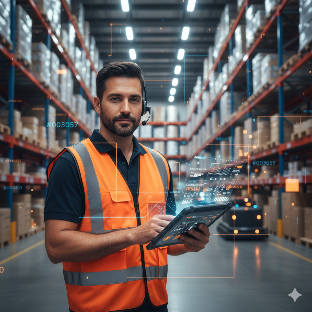 Logistics worker managing packages and inventory