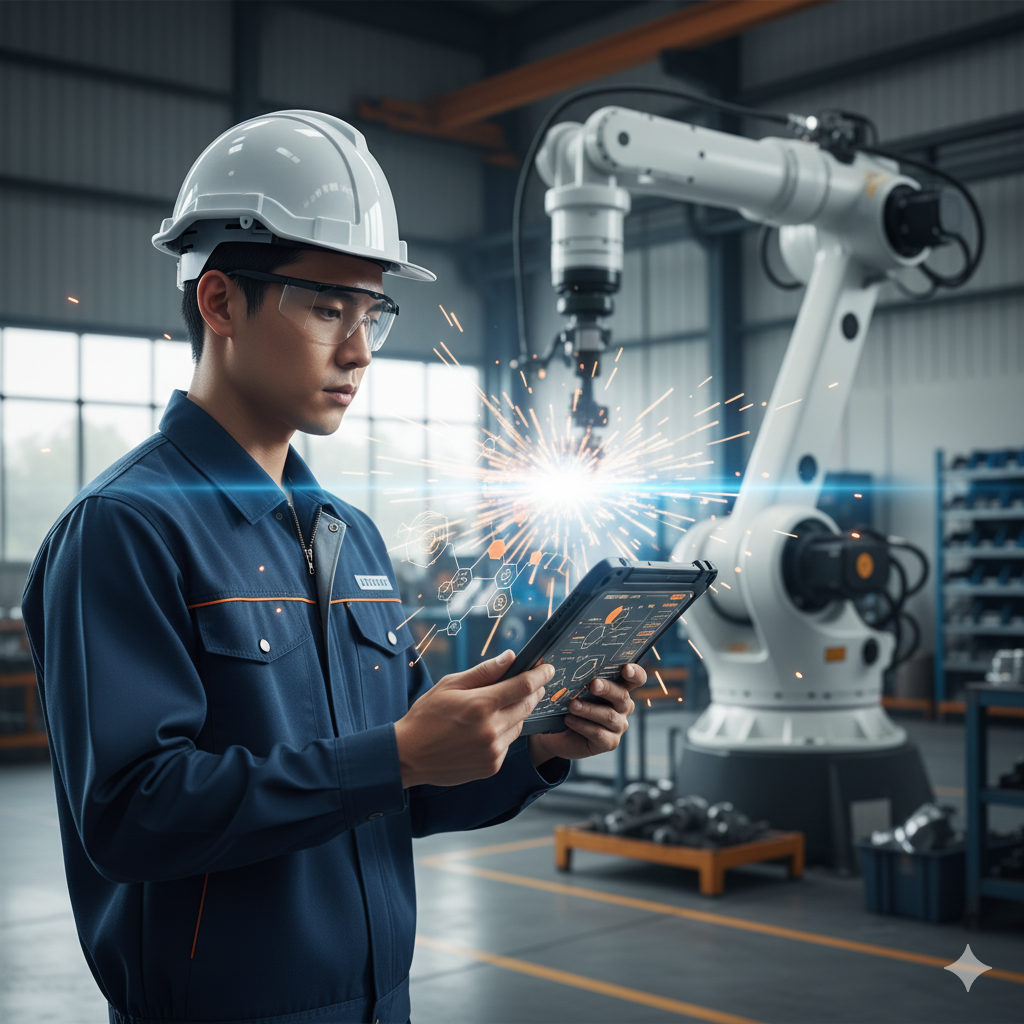 Manufacturing worker operating machinery in a small business